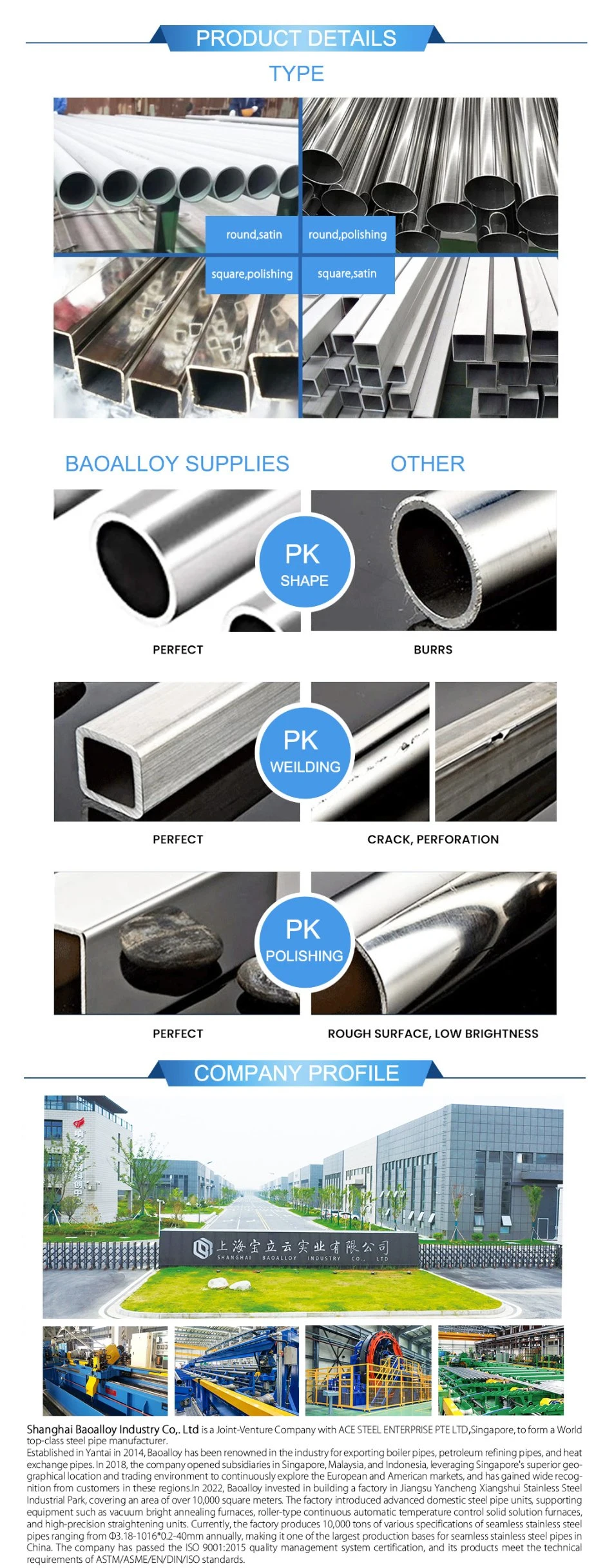 ASTM A312 A270 3A 304 304L 316 316L General Corrosive Tube Stainless Steel Pipe